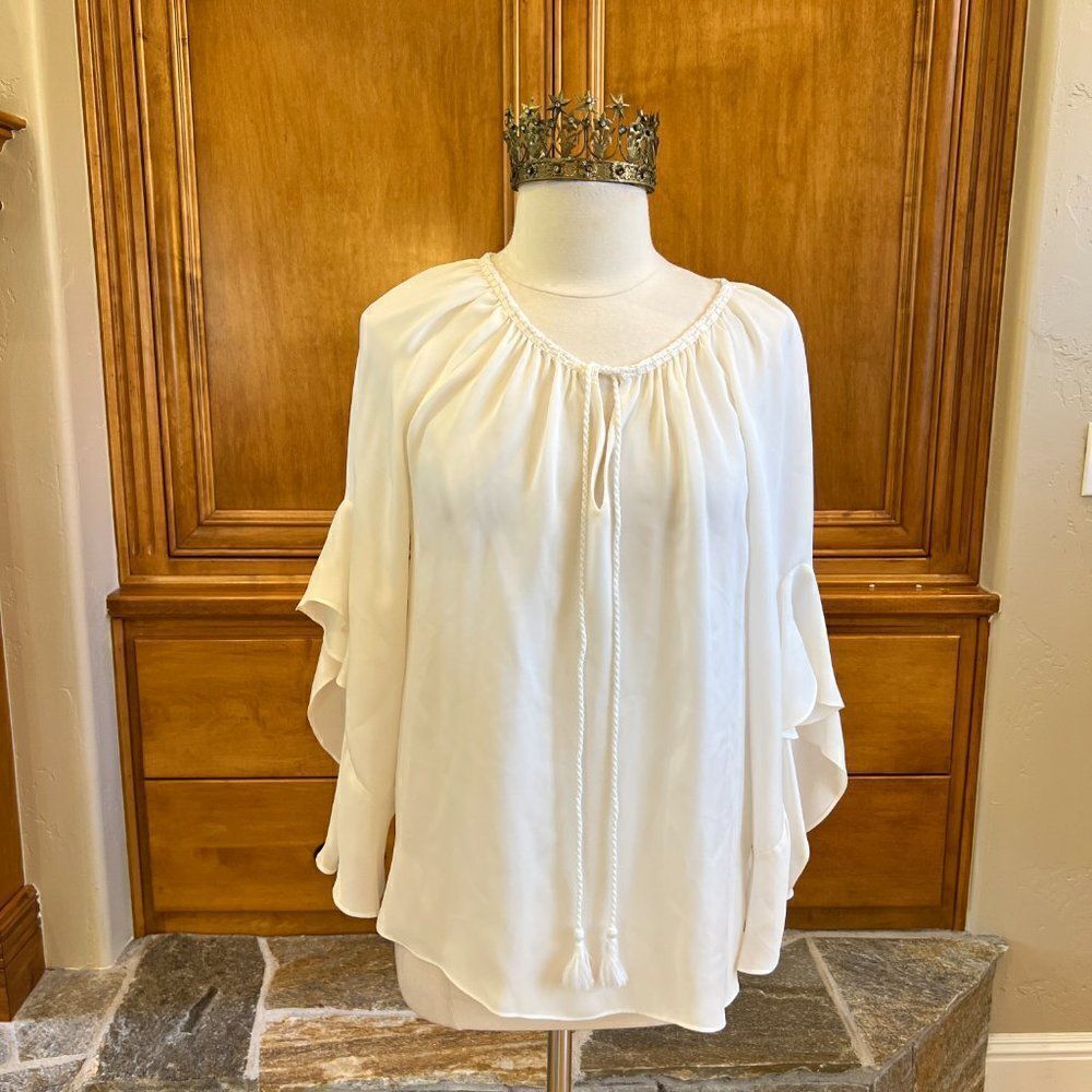 Kobi Halperin Cream Silk Long Sleeve Blouse with Tie Size Medium